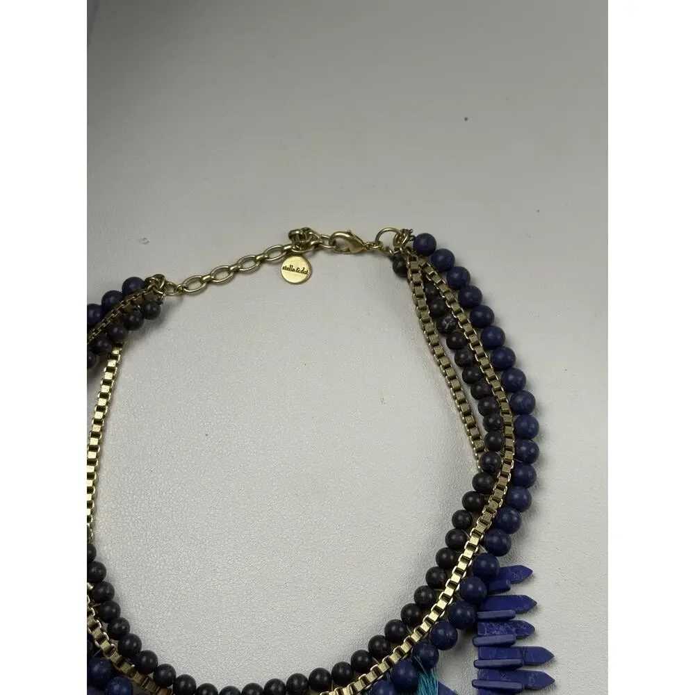 Stella & Dot Tresse Statement Necklace Faux Lapis Faux Turquoise Blue Fringe 16